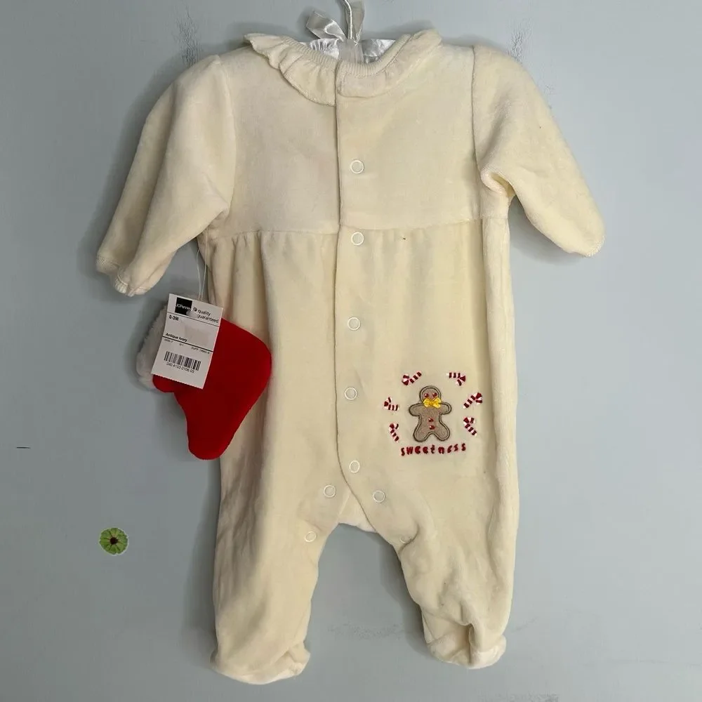 Vintage 2004 Christmas Gingerbread Velour Baby 1 Piece & Stocking Size 0-3M NEW - Picture 2 of 11